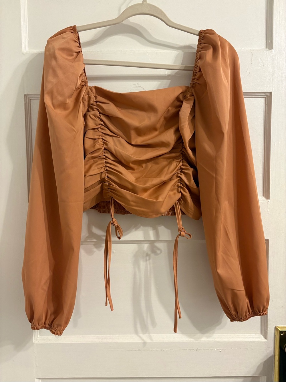 Ruched Long Sleeve Crop Top in Warm Rust